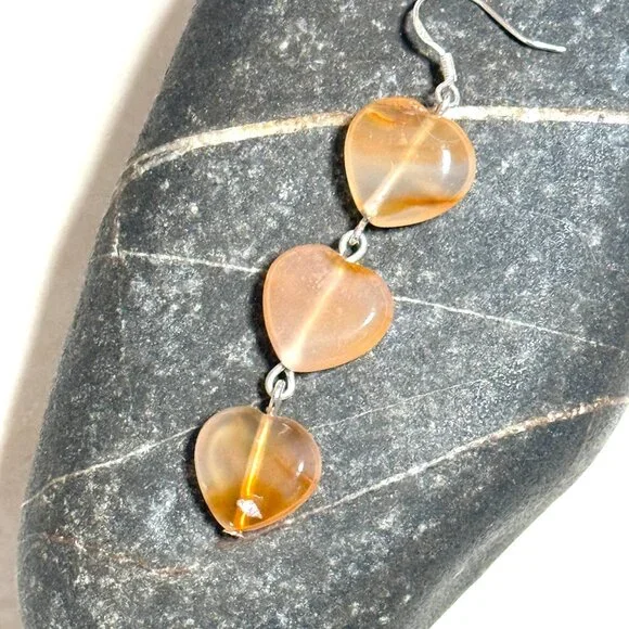 2/$20, Genuine Orange Agate Stone Heart Silver Dangle Earrings - Picture 5 of 11